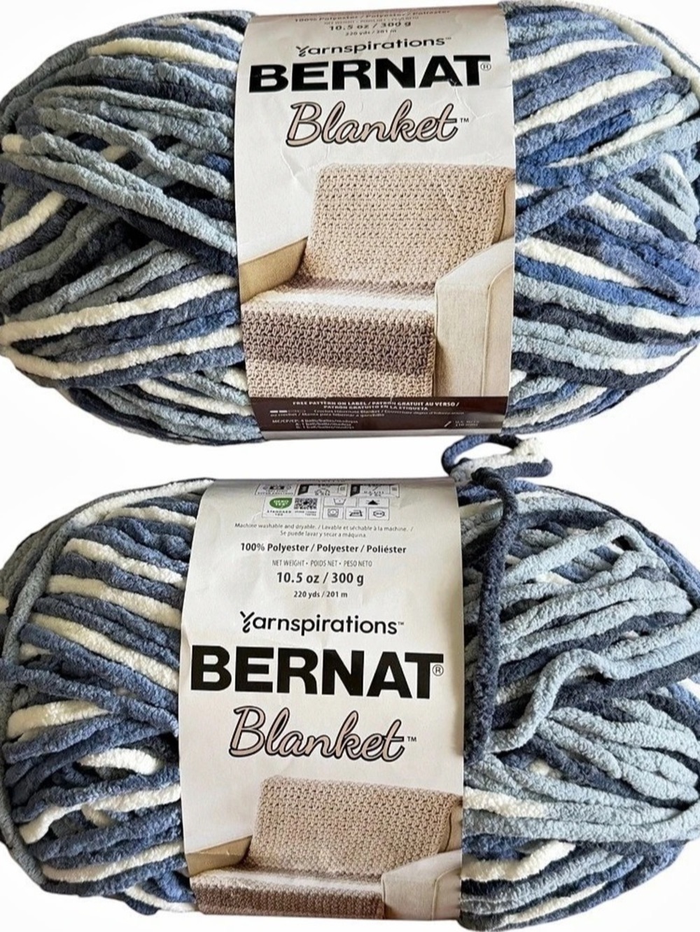 Bernat Blanket Yarn Faded Blues 10889 Super Bulky Chenille 2 Skeins 300g